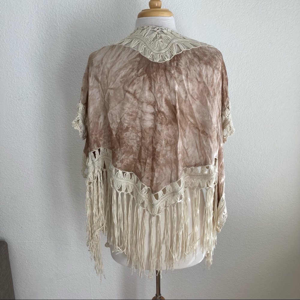 Boho crochet tie dye fringe shrug short sleeve festival summer neutral